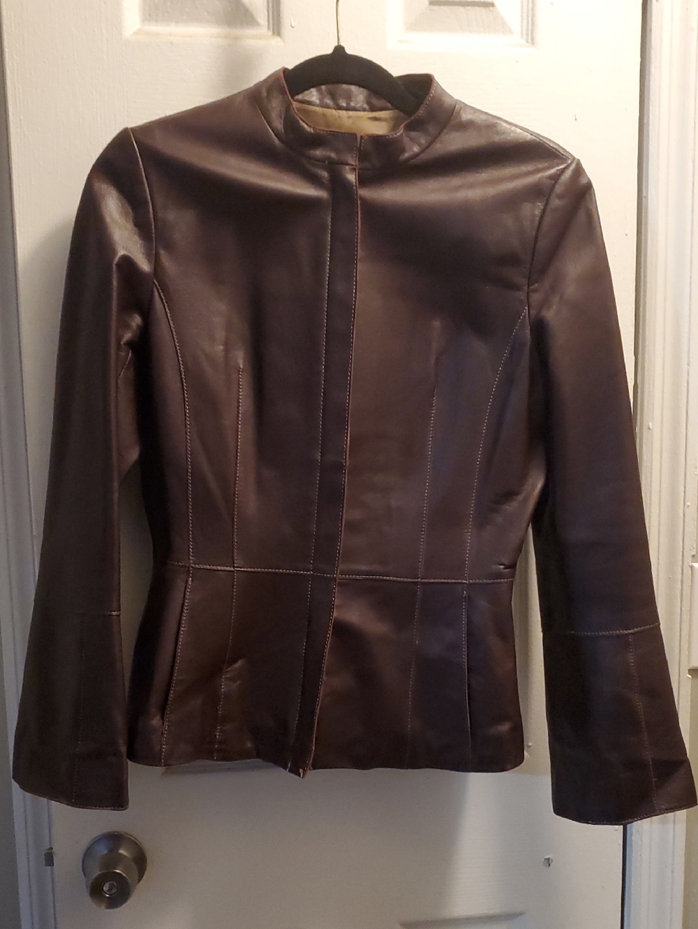 Danier Brown Leather Moto Jacket with Red Logo Detailing